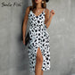Leopard Print Damen Sommerkleid mit Sexy ärmellose Split