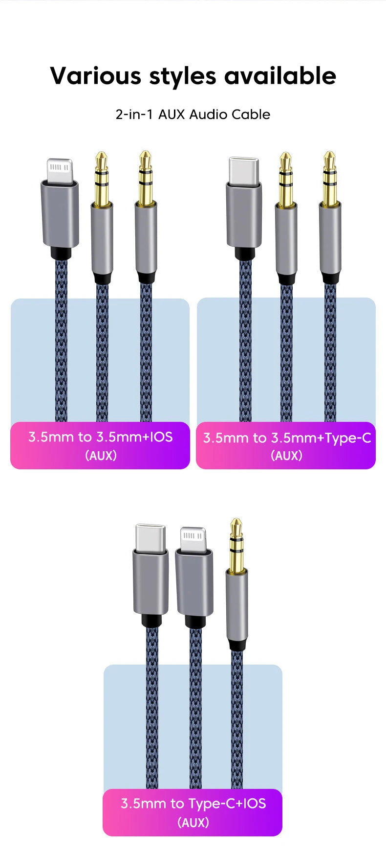 2 in 1 Aux Audio Cable Type C/Lightning To 3.5mm Male Cable For Car Headphone phone USB C IOS to 3.5mm Aux Converter Jack Cable