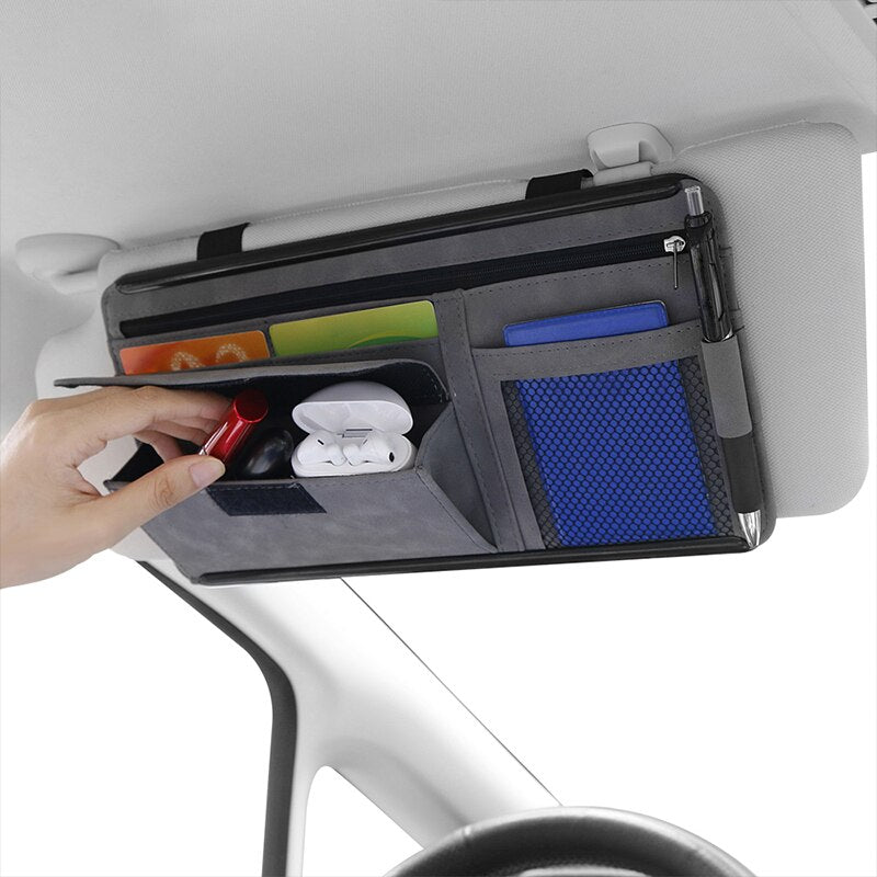 Auto-Sonnenblenden-Organizer, strukturiertes Wildleder, Sonnenbrillenetui, Kartenhalter, automatische Aufbewahrungstasche mit Reißverschluss
