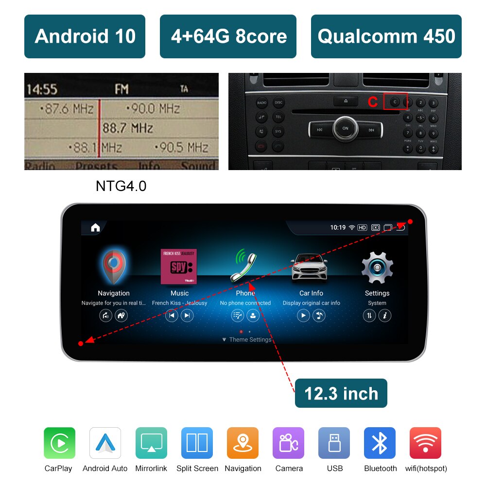10,25" Qualcomm Android 12 8G Autoradio GPS Navigation Bluetooth WiFi Head Unit Bildschirm für Mercedes Benz C, Klasse W204 2008-2010