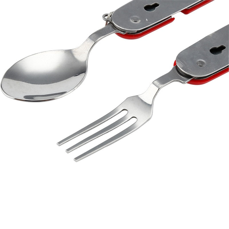 4 in 1 Multifunktionales Outdoor-Geschirr aus Edelstahl, faltbar, Gabel, Löffel, Messer, ideal für Picknick, Camping, Wandern, Reisen