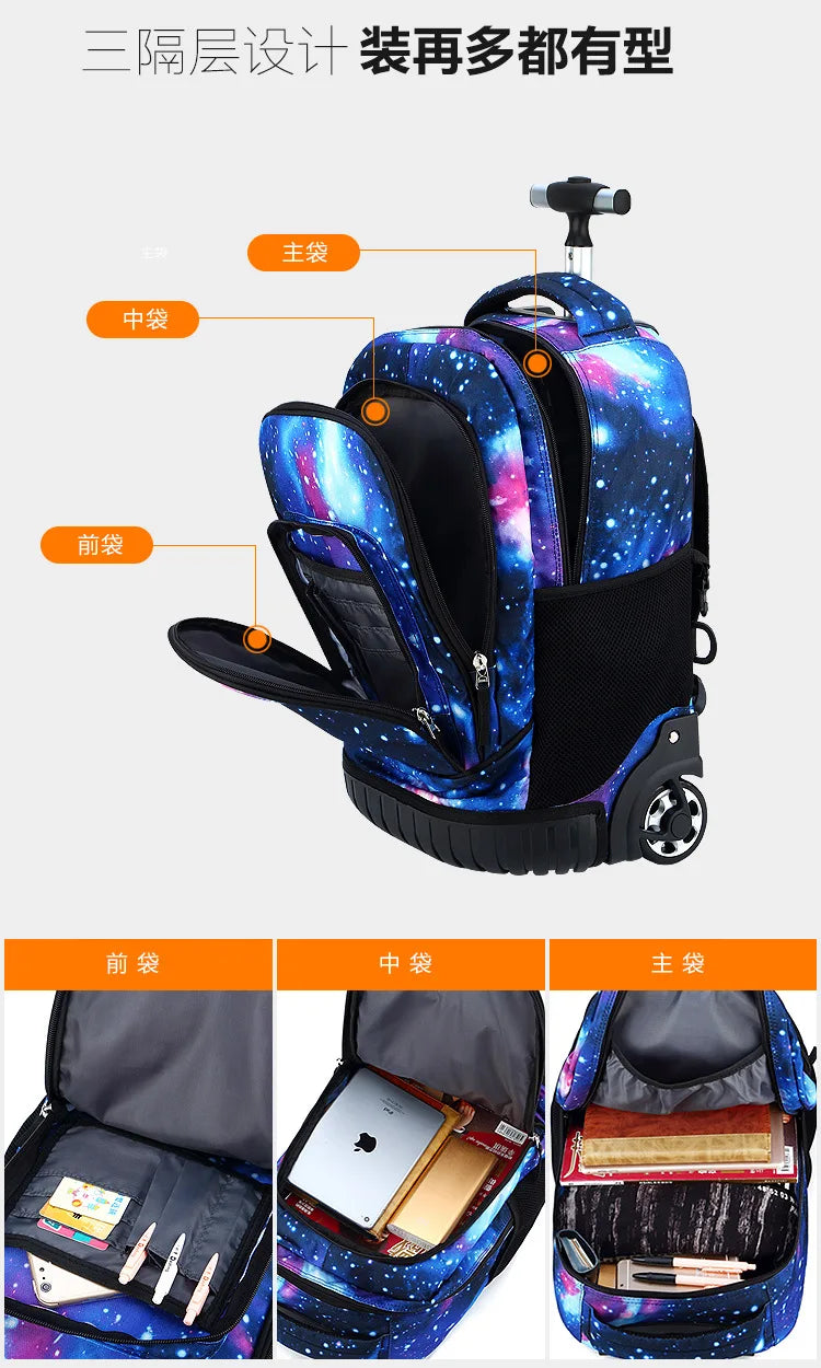 Men Trolley Backpack Rolling Luggage Suitcase Large Capacity Children Boys Backpacks with Wheels Girls Waterproof School Bag