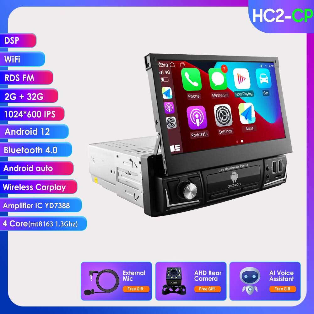 Hizpo Android 12 Universal 1din Autoradio, CarPlay GPS Navigation, Multimedia Player 1 Din Stereo 7 Zoll manuell einziehbarer Bildschirm