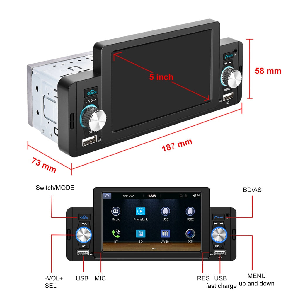 Podofo 5 zoll Auto Radio 1 Din CarPlay, Android Auto Multimedia Player Bluetooth MirrorLink, FM Empfänger für Volkswagen Nissan
