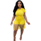 Damen 2-teiliger Kleidungsanzug, einfarbig, kurzärmelig, Shorts-Set mit Quastenbesatz und hoher Taille