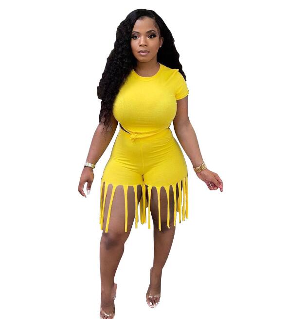 Damen 2-teiliger Kleidungsanzug, einfarbig, kurzärmelig, Shorts-Set mit Quastenbesatz und hoher Taille