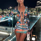 Damen-Minikleid mit langen Ärmeln, Schnürung, Batikdruck, Patchwork-Schlitz, figurbetontes Kleid für Club-Party