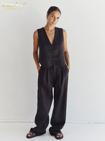 Zwei Stück Set Sommer Leinen für Frauen, 2023 Mode Ärmelloses Tank Top neu in Passenden Hohe Taille; Breite Hosen Set