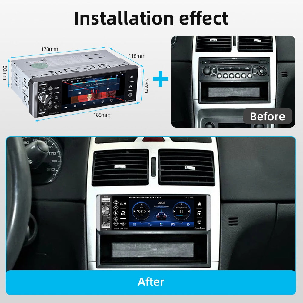 Podofo 1DIN MP5 Player Touch Autoradio FM 4-USB 5,1 Zoll, Unterstützt Android Mirrorlink Bluetooth Carplay Autoradio DVR