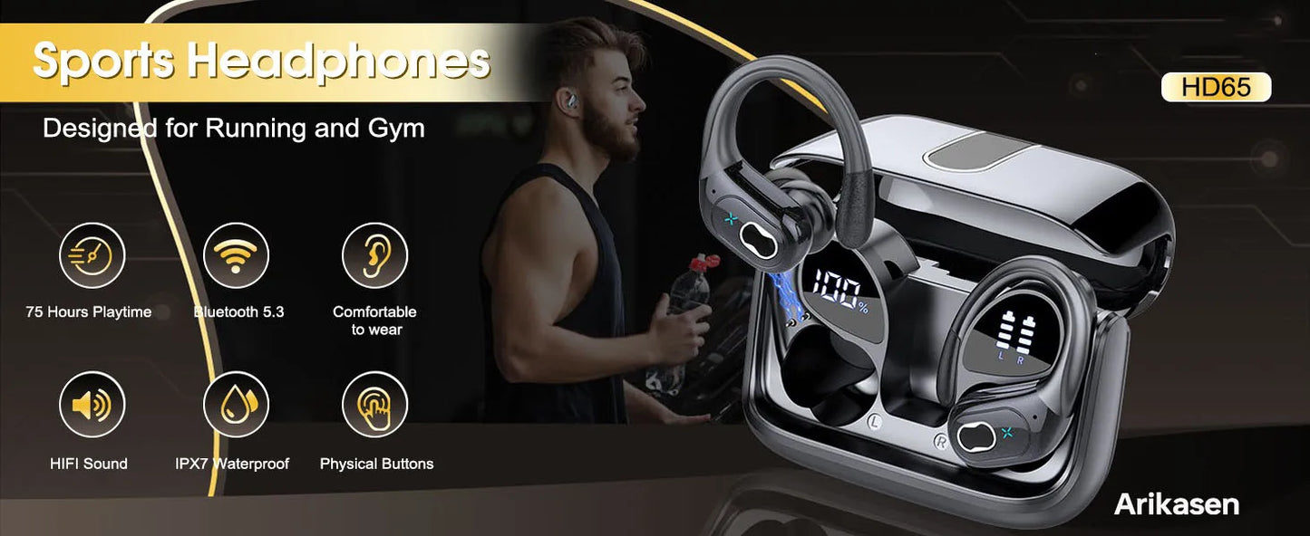 Bluetooth 5.3 Headphones 2024 Wireless Earbuds 75hrs Sport Bluetooth Earphone with Noise Cancelling Mic IPX7 Waterproof Headsets