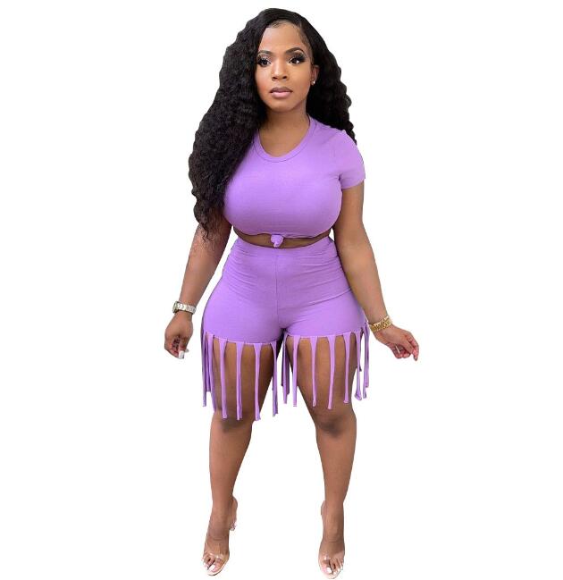 Damen 2-teiliger Kleidungsanzug, einfarbig, kurzärmelig, Shorts-Set mit Quastenbesatz und hoher Taille
