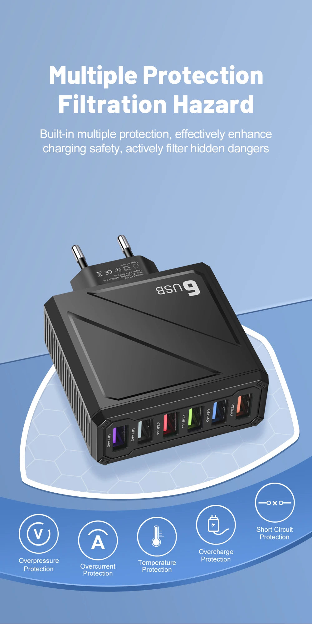 3.1A 6Ports USB Charger Fast Charging Wall Charger Quick Charge For iPhone Samsung Xiaomi Huawei Mobile Phone Adapter