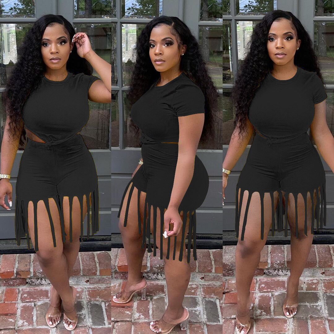Damen 2-teiliger Kleidungsanzug, einfarbig, kurzärmelig, Shorts-Set mit Quastenbesatz und hoher Taille