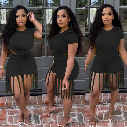 Damen 2-teiliger Kleidungsanzug, einfarbig, kurzärmelig, Shorts-Set mit Quastenbesatz und hoher Taille