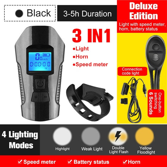 Fahrradlicht, USB wiederaufladbar, Fahrrad-Kilometerzähler, Frontlicht, Taschenlampe mit Computer, LCD-Tachometer, Radfahren, Kopf, Laterne, Horn