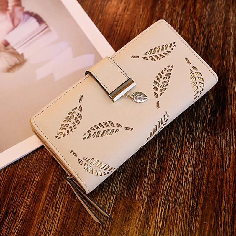 Ladies Fashion Wallet PU Leather Phone Purse Female Hollow Leaves Pouch Clutch Handbag For Women Coin Card Holders Long Wallets