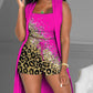 3PCS Damen Kontrast Leopardenmuster Geripptes Crop Tank Top & Kordelzug Shorts mit Weste