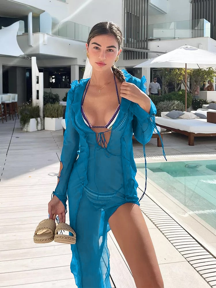 Sommer Strand Kleid, Elegante Bandage für Abend Party, Rüschen Schlank Maxi Kleid