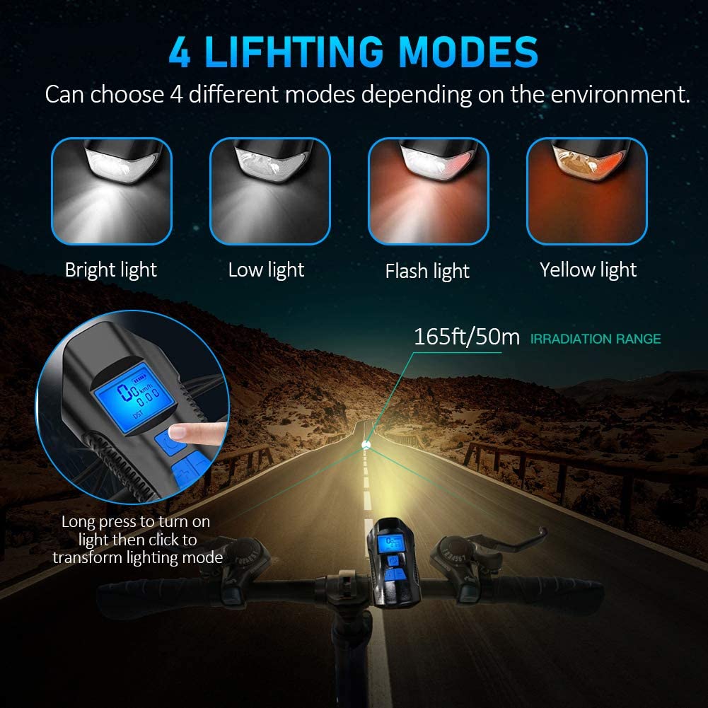 Fahrradlicht, USB wiederaufladbar, Fahrrad-Kilometerzähler, Frontlicht, Taschenlampe mit Computer, LCD-Tachometer, Radfahren, Kopf, Laterne, Horn