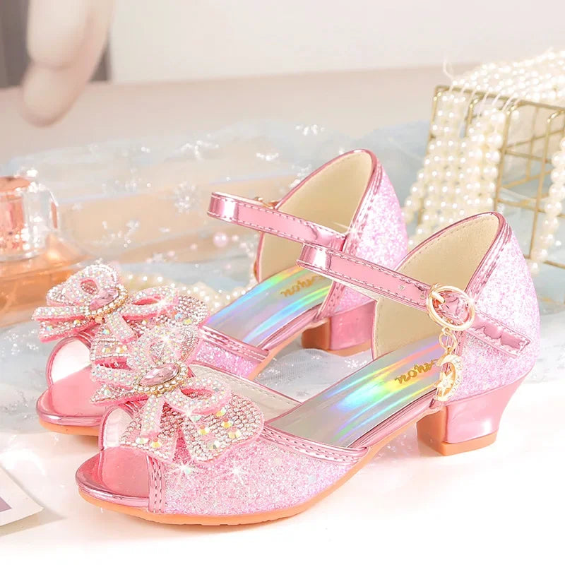 Summer Girls Sandals With Heel Fashion Rhinestone Shiny Glitter Shoes Children Princess Bowtie Pearl Dancing Shoes H876