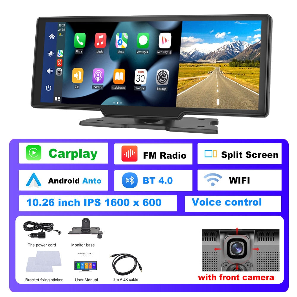 Podofo Autospiegel-Videoaufzeichnung Carplay, Android Auto Wireless-Verbindung GPS-Navigation Dashboard DVR mit AI Voice
