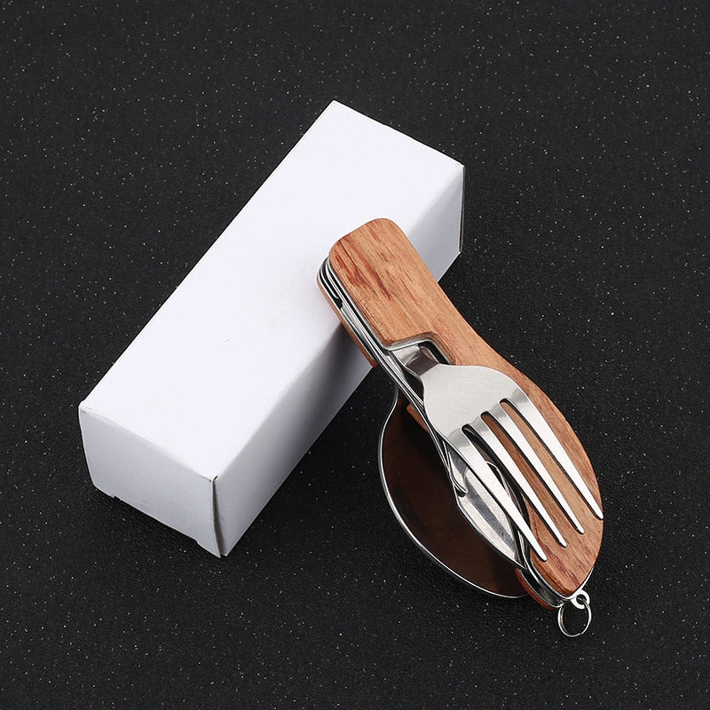 4 in 1 Multifunktionales Outdoor-Geschirr aus Edelstahl, faltbar, Gabel, Löffel, Messer, ideal für Picknick, Camping, Wandern, Reisen
