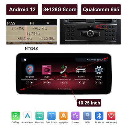 10,25" Qualcomm Android 12 8G Autoradio GPS Navigation Bluetooth WiFi Head Unit Bildschirm für Mercedes Benz C, Klasse W204 2008-2010