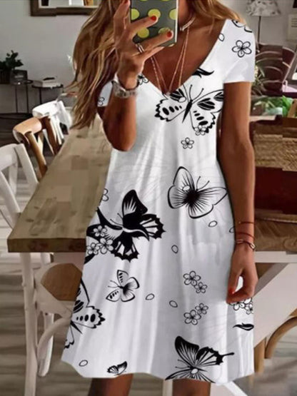 2023 Sommer Damen Mini Kleid mit V-ausschnitt, Kurzarm Kleid mit Sexy Blumen Druck