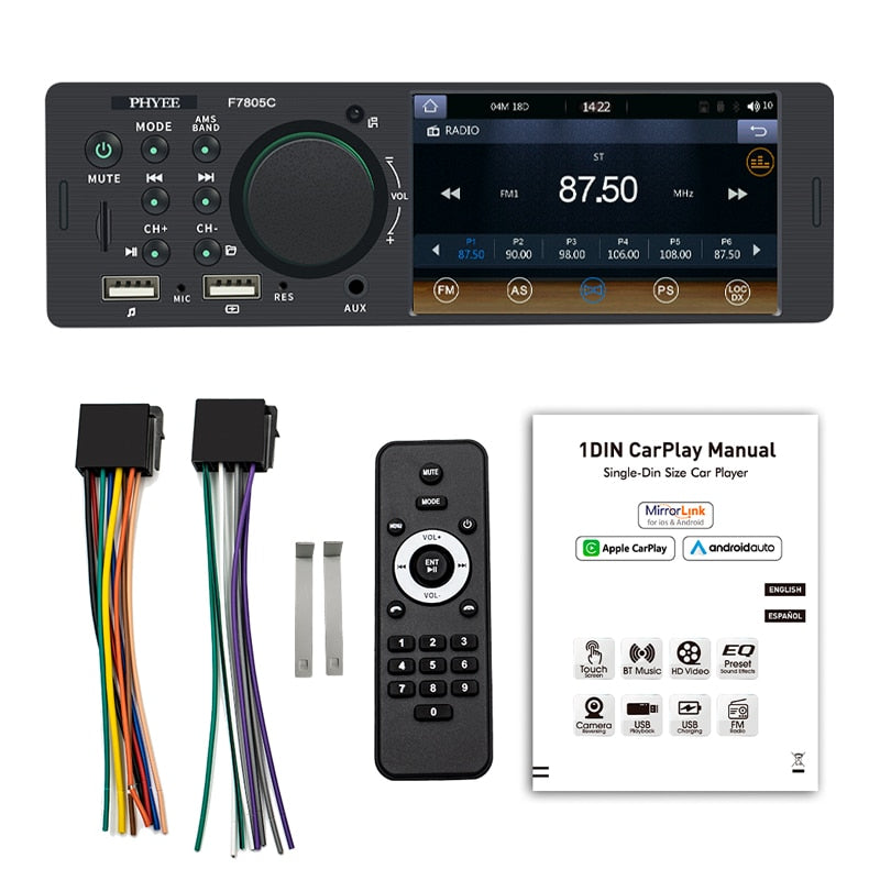 1 Din 4 "CarPlay Autoradio Bluetooth, Android-Auto MP5 Player, Handfree A2DP USB Stereo Audio System Multimedia kopf Einheit F7805C