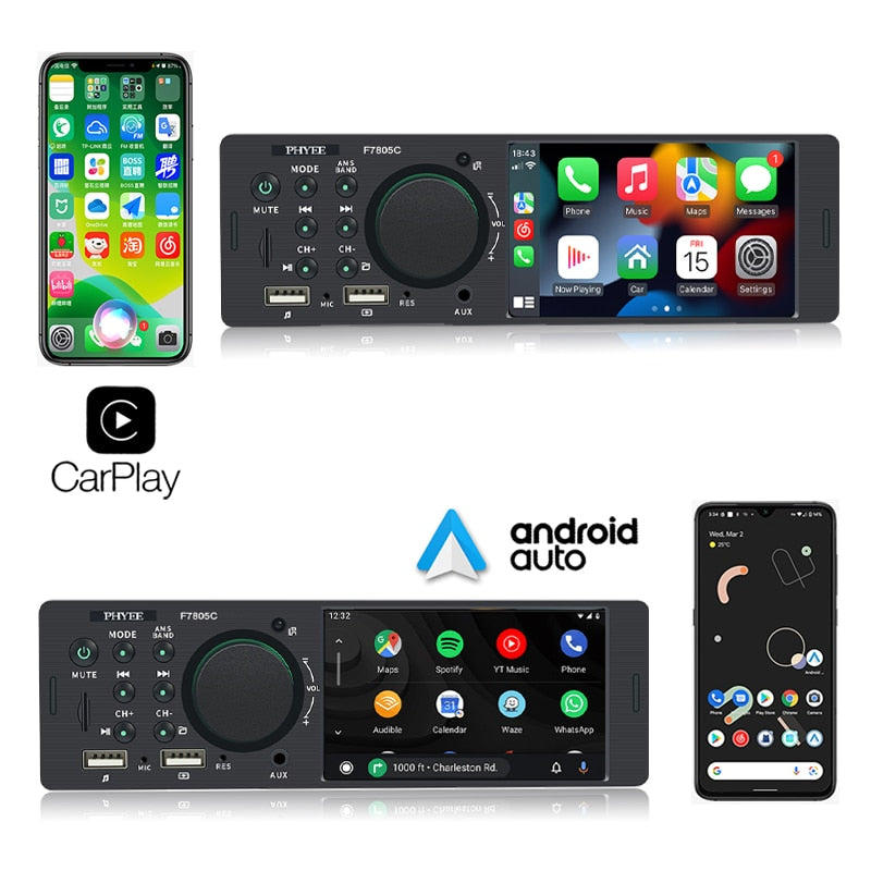 1 Din 4 "CarPlay Autoradio Bluetooth, Android-Auto MP5 Player, Handfree A2DP USB Stereo Audio System Multimedia kopf Einheit F7805C