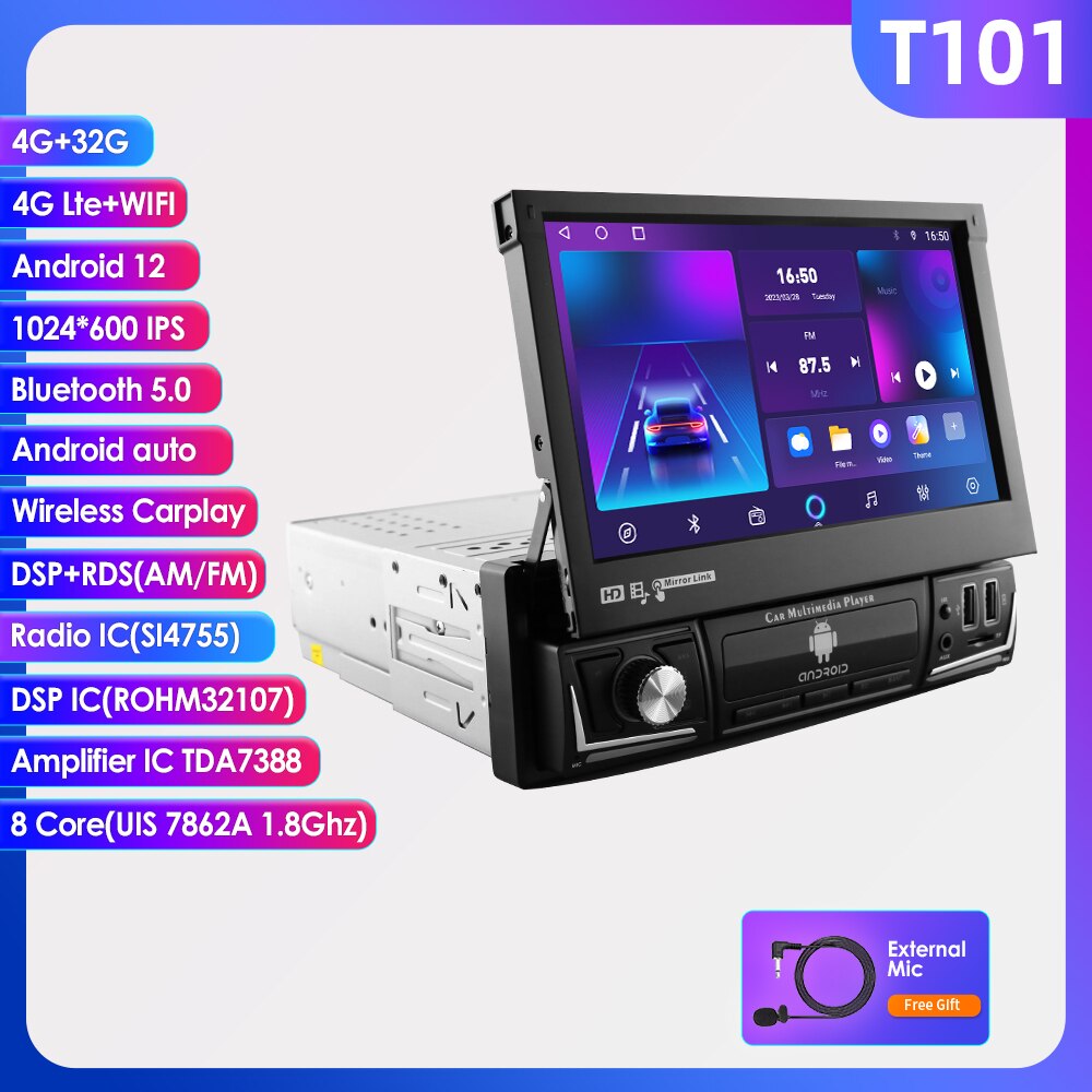 Hizpo Android 12 Universal 1din Autoradio, CarPlay GPS Navigation, Multimedia Player 1 Din Stereo 7 Zoll manuell einziehbarer Bildschirm