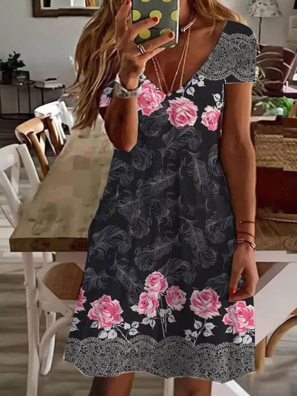 2023 Sommer Damen Mini Kleid mit V-ausschnitt, Kurzarm Kleid mit Sexy Blumen Druck