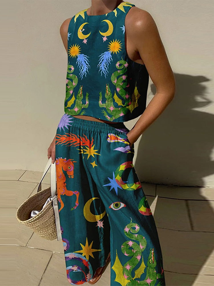 Damen-Set mit lockerem Hosen-Aufdruck, lässig, einreihig, Umlegekragen, kurze Ärmel, T-Shirts, Empire-Schnürung, weites Bein