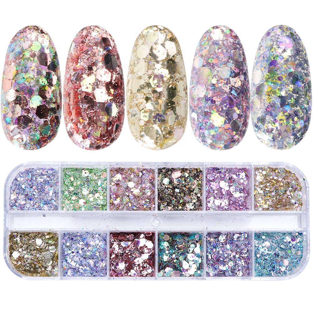 12 Gitter Perlweiß Chrom Nagel, Pigment UV Gel Nagellack