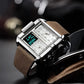 Männer Markensportuhren, 3 Zeitzone, Multifunktions Quarzuhr 24H Kalender Lederarmband