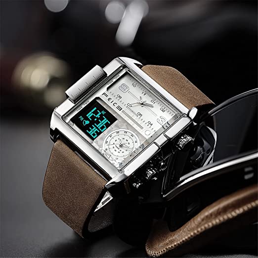 Männer Markensportuhren, 3 Zeitzone, Multifunktions Quarzuhr 24H Kalender Lederarmband