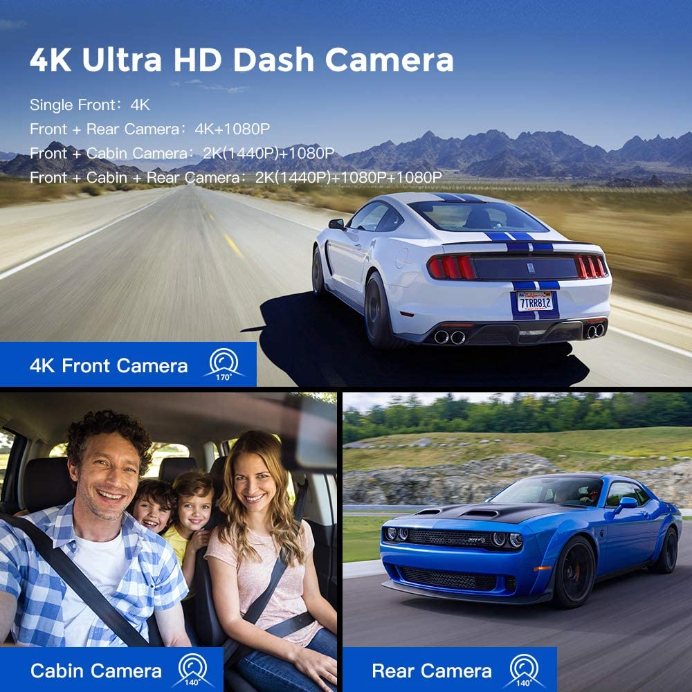 AZDOME M550 Nachtsicht Kamera  3 Kanal Dash Cam, Front Innen Hinten Drei Weg Auto Dash Kamera, 4K+1080P Dual Kanal mit GPS WiFi IR Auto