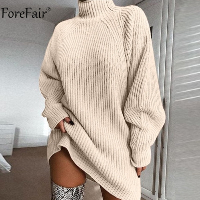 Damen Rollkragen Langarm-Pullover-Kleid für Herbst & Winter, Lose Tunika Gestrickte Lässige Kleidung