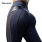 Damen Patchwork-Leggings aus Leder, Fitnesshose mit hoher Taille, atmungsaktive Sporthose, sexy Push-Up-Trainingshose