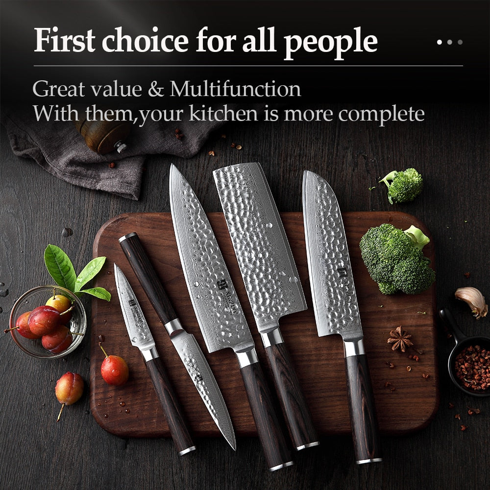 XINZUO 5PCS Kitchen Knives Set Japanese Damascus Stainless Steel New designed Knife Cleaver Nakiri Knife with Pakkawood Handle