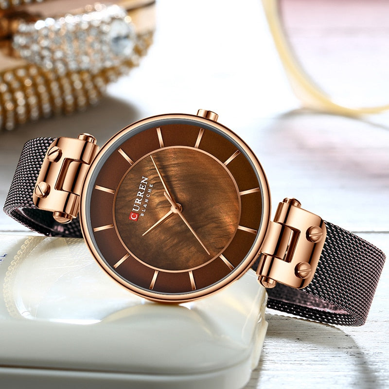 CURREN Mode Frauen Uhr für Damen, Quarzuhren Wasserdicht Stahl Mesh Weiblich Armbanduhr