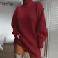 Damen Rollkragen Langarm-Pullover-Kleid für Herbst & Winter, Lose Tunika Gestrickte Lässige Kleidung