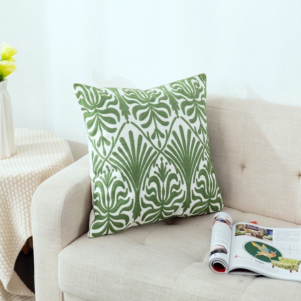 Kissenbezug mit niedlicher floraler geometrischer Stickerei, grün-gelber Kissenbezug für Sofa, Bett, schlichtes Zuhause, 45 x 45 cm