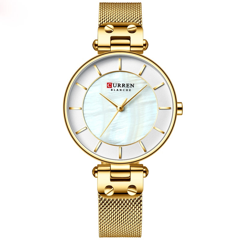 CURREN Mode Frauen Uhr für Damen, Quarzuhren Wasserdicht Stahl Mesh Weiblich Armbanduhr