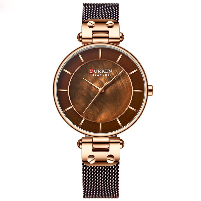 CURREN Mode Frauen Uhr für Damen, Quarzuhren Wasserdicht Stahl Mesh Weiblich Armbanduhr