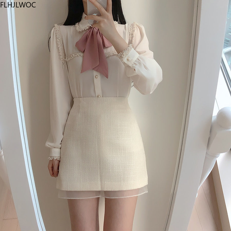 Elegante Formale Hemden-Blusen, Nette Fliege-Tops mit Japaner Korea Design Knopf