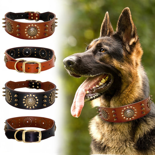 Cooles Haustier-Hundehalsband aus Leder, verstellbares, mit Spikes besetztes Halsband für große Hunde, für mittelgroße Hunde, Pitbull Correa Perro