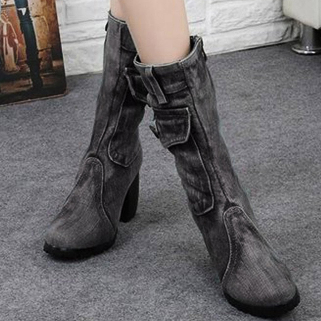 Blaue Jeansstiefel Damen Mid-Rise Rome Solid Slip-On Chunky Med Heels Boots Wild Vintage Large Size Damenschuhe