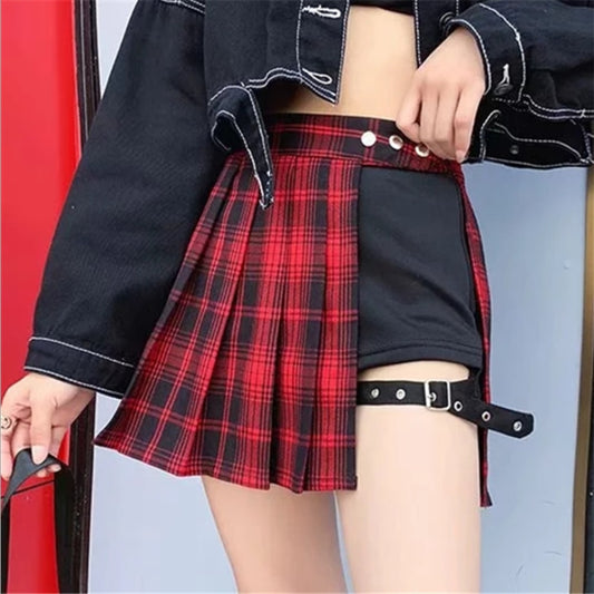 All Match Kurzer Rock, modisch, Tartan-Rot, Skarierter Rock mit seitlichen Knöpfen, lässiger Minirock für Damen