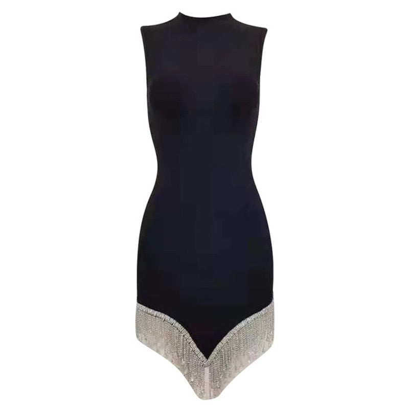 Damen Strass Quaste unregelmäßige  Rundhalsausschnitt, mehrfarbiges dünnes ärmelloses Sexy Sommerkleid